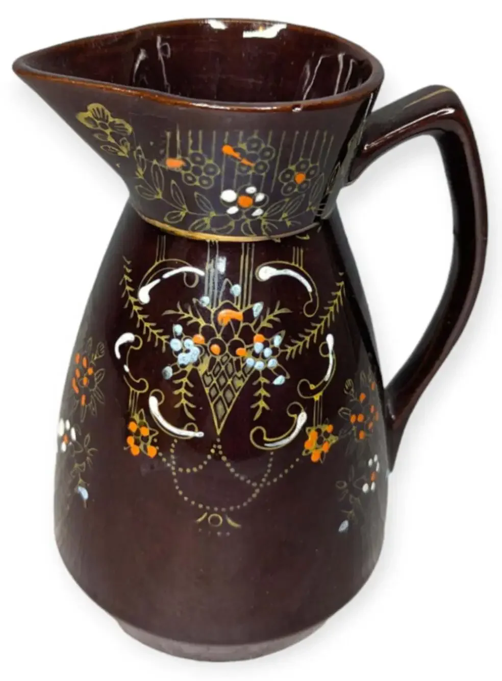 Vintage Moriage Red Wear Hand Painted Brown Glazed Decorative Pitcher 6.5